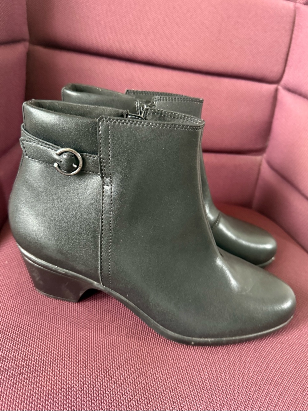 Clarks Black Leather Ankle Booties with Side Ring Detail